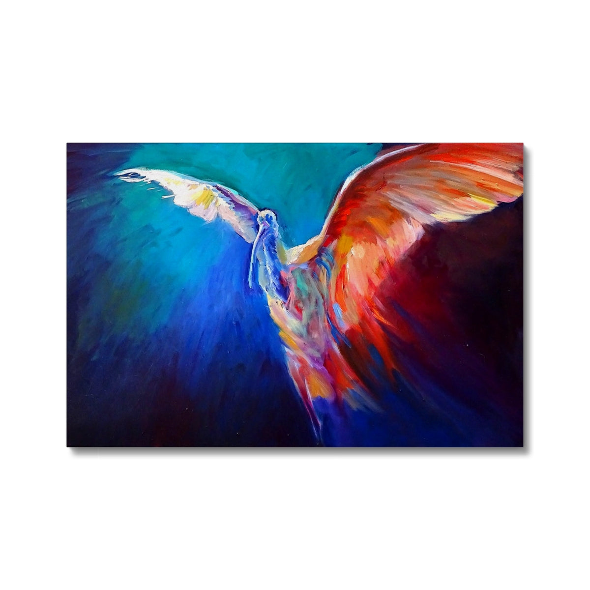 blue and red egret in flight canvas print
