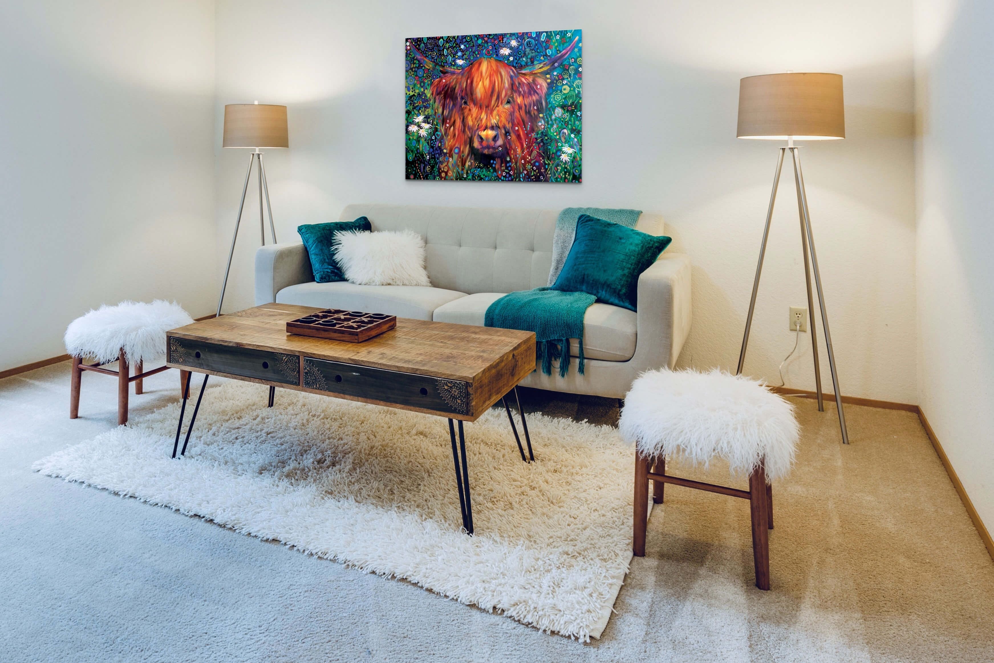 Highland Cow art with daisies by sue gardner