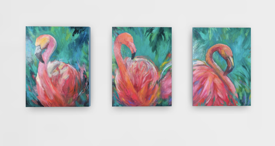"Flamingo Reverie" Triptych on 3 panels 60 x 150 cm