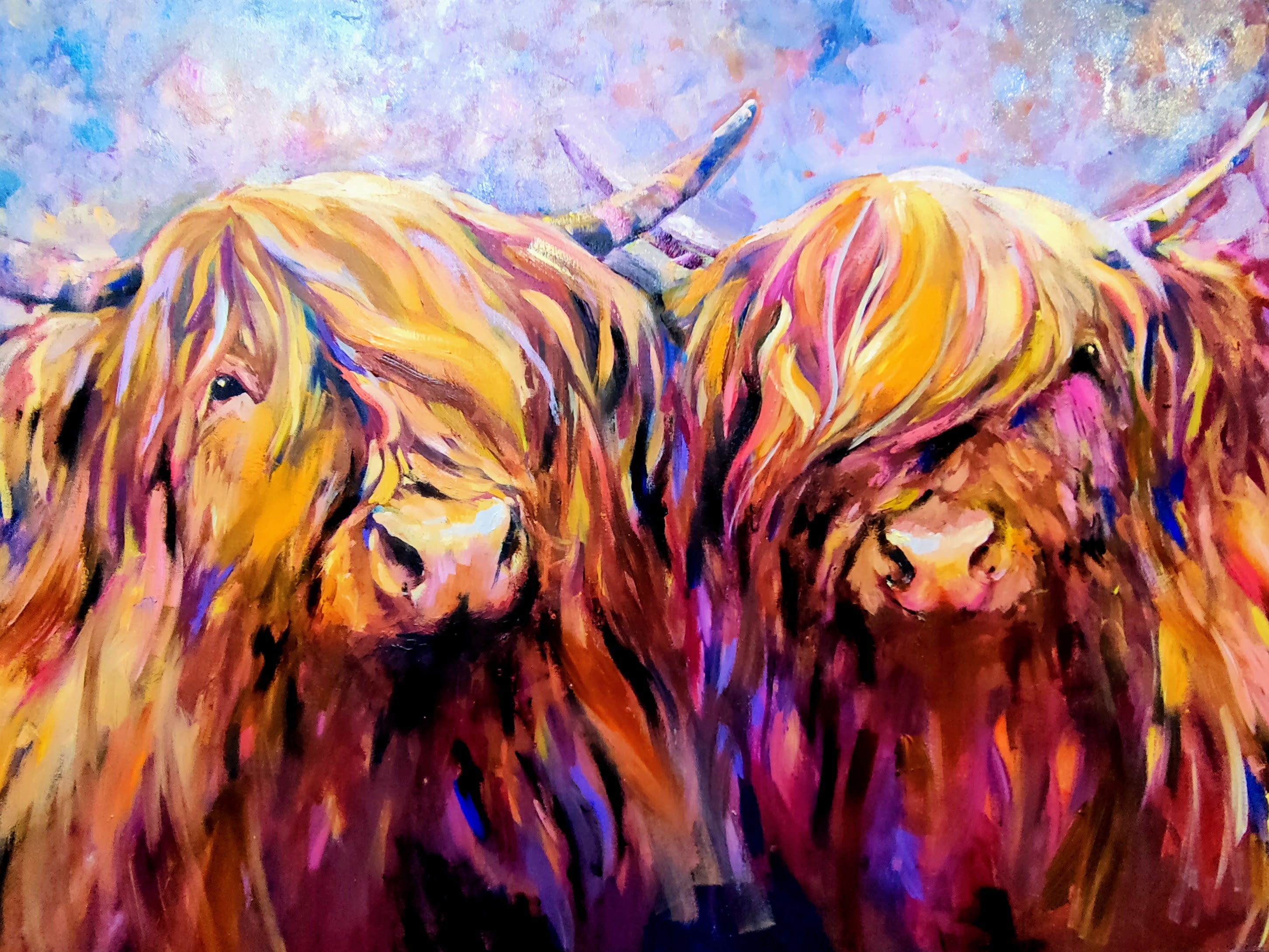 *Sold 'Fiddich and Spey ' - Original Highland Cow Couple Oil Painting - 30 x 40 "/ 80 x 100 cm