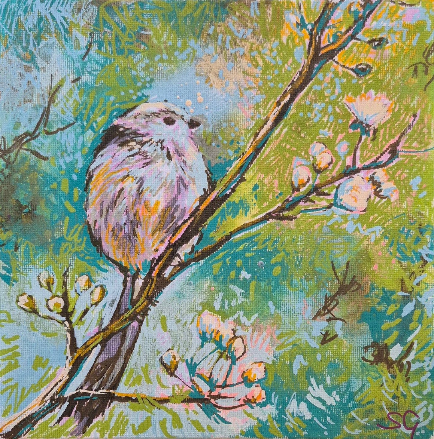 'Long-Tailed Tit' drawing in acrylic on canvas panel 18 x 18 cm/ 7 x 7"