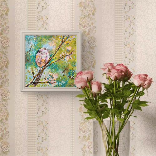 'Long-Tailed Tit' drawing in acrylic on canvas panel 18 x 18 cm/ 7 x 7"