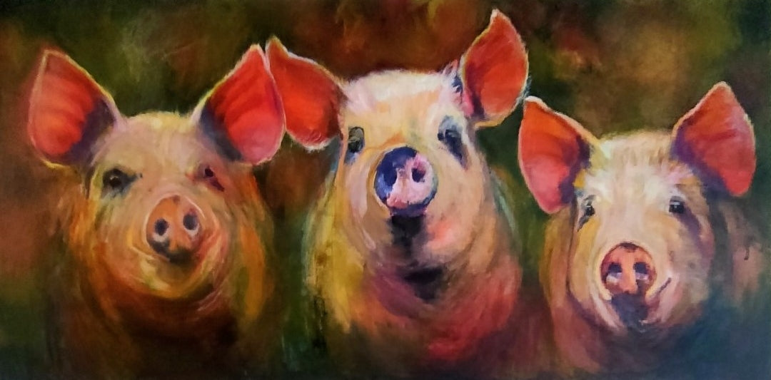 'Pigs in Clover' - Pig Trio  Original Acrylic Painting 50 x 100 cm/ 20 x 40"