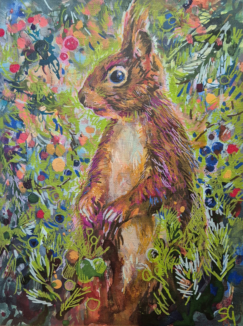 'Damson Squirrel' Original painting on canvas panel 21 x 29 cm / 11 x 8"