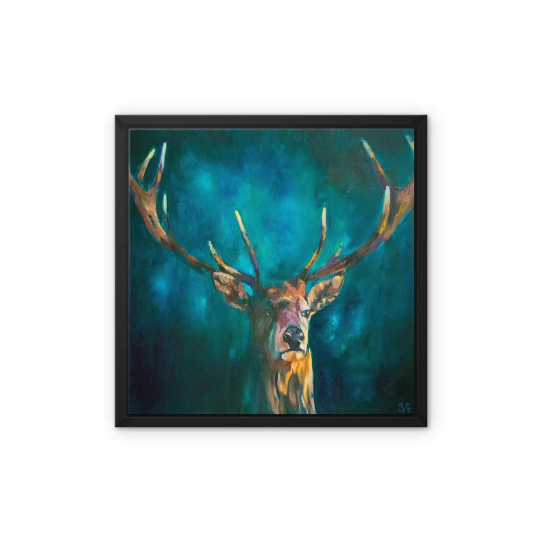 Ink Blue Stag - Deer Framed Canvas