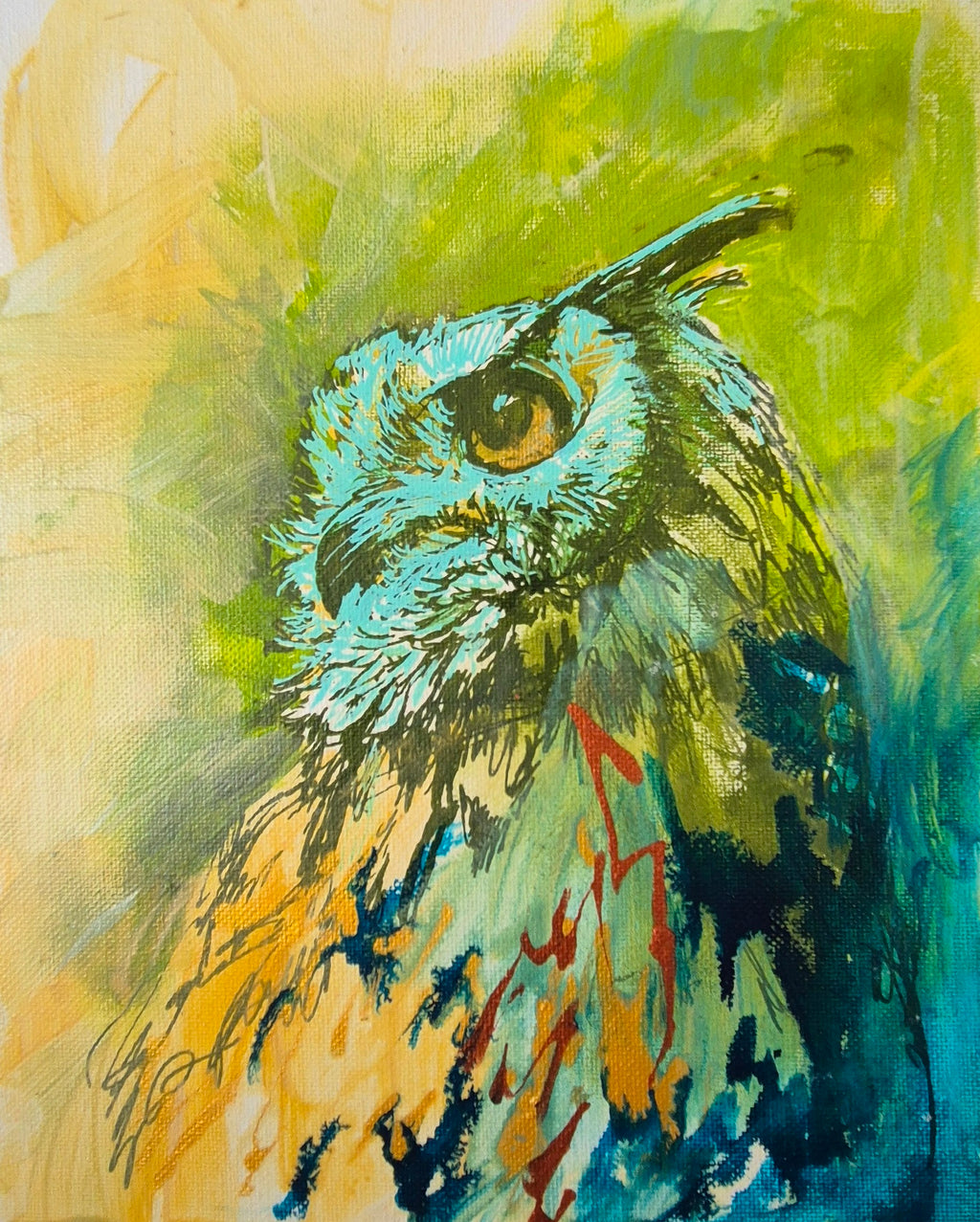 'Eagle Owl' drawing in acrylic on canvas panel 18 x 23 cm/ 7 x 9 "