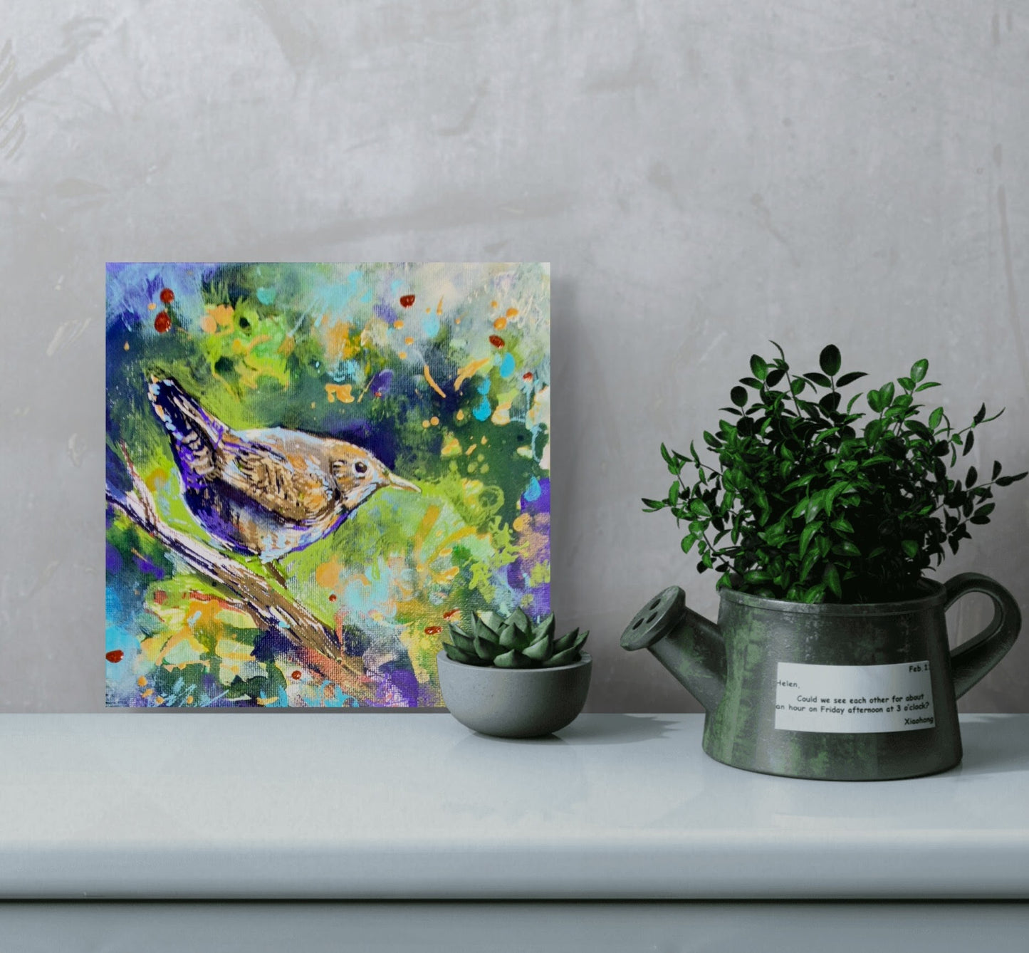 'Wren' drawing in acrylic on canvas panel 18 x 18 cm/ 7 x 7"