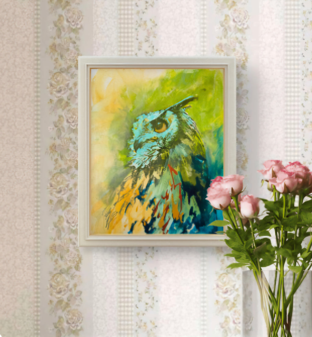 'Eagle Owl' drawing in acrylic on canvas panel 18 x 23 cm/ 7 x 9 "