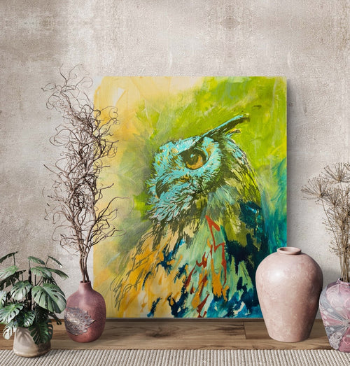 'Eagle Owl' drawing in acrylic on canvas panel 18 x 23 cm/ 7 x 9 "