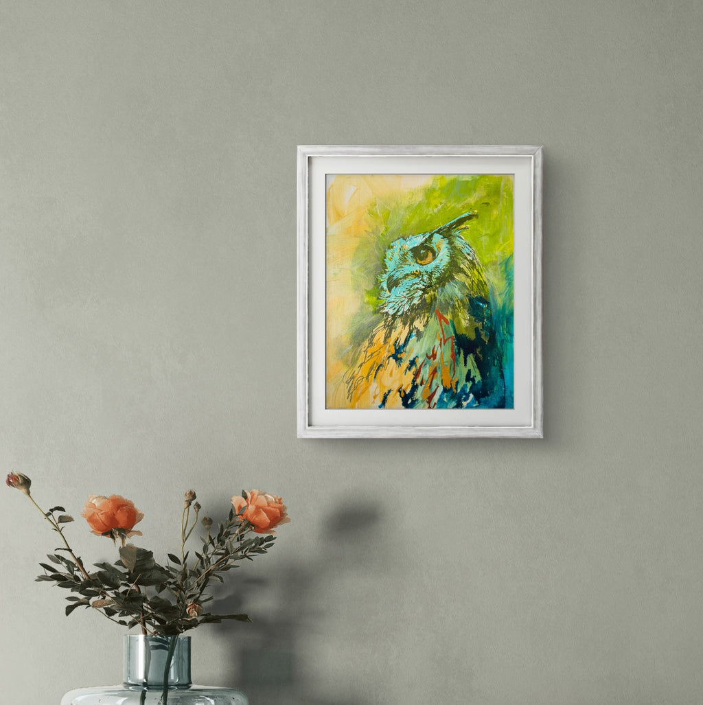 'Eagle Owl' drawing in acrylic on canvas panel 18 x 23 cm/ 7 x 9 "