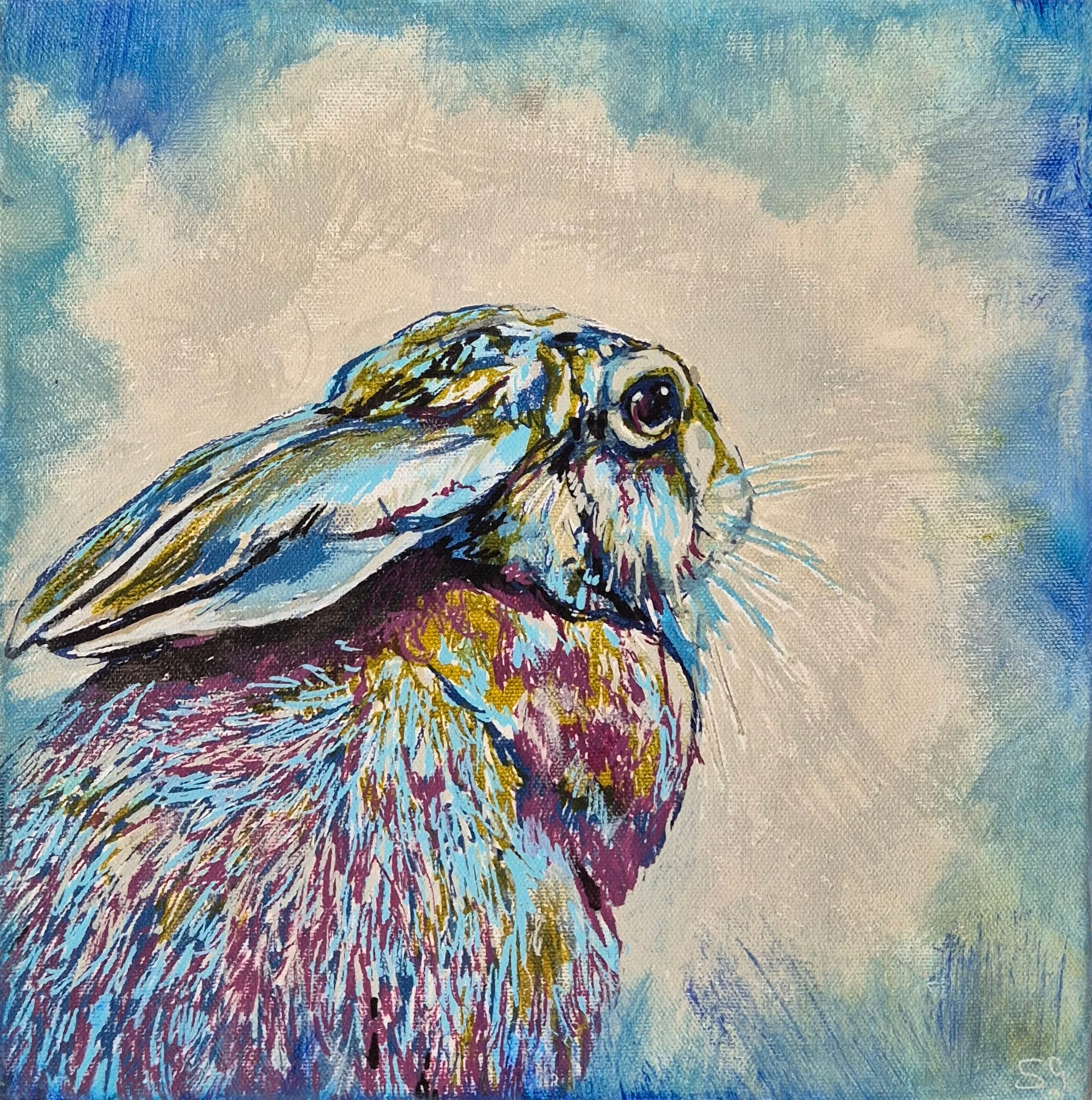 'Rabbit' Acrylic Drawing on Stretched Canvas 28 x 28 cm/ 11" x 11"
