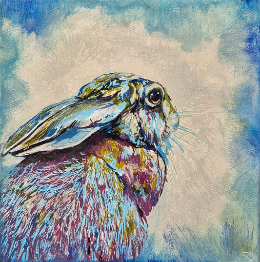 'Rabbit' Acrylic Drawing on Stretched Canvas 28 x 28 cm/ 11" x 11"