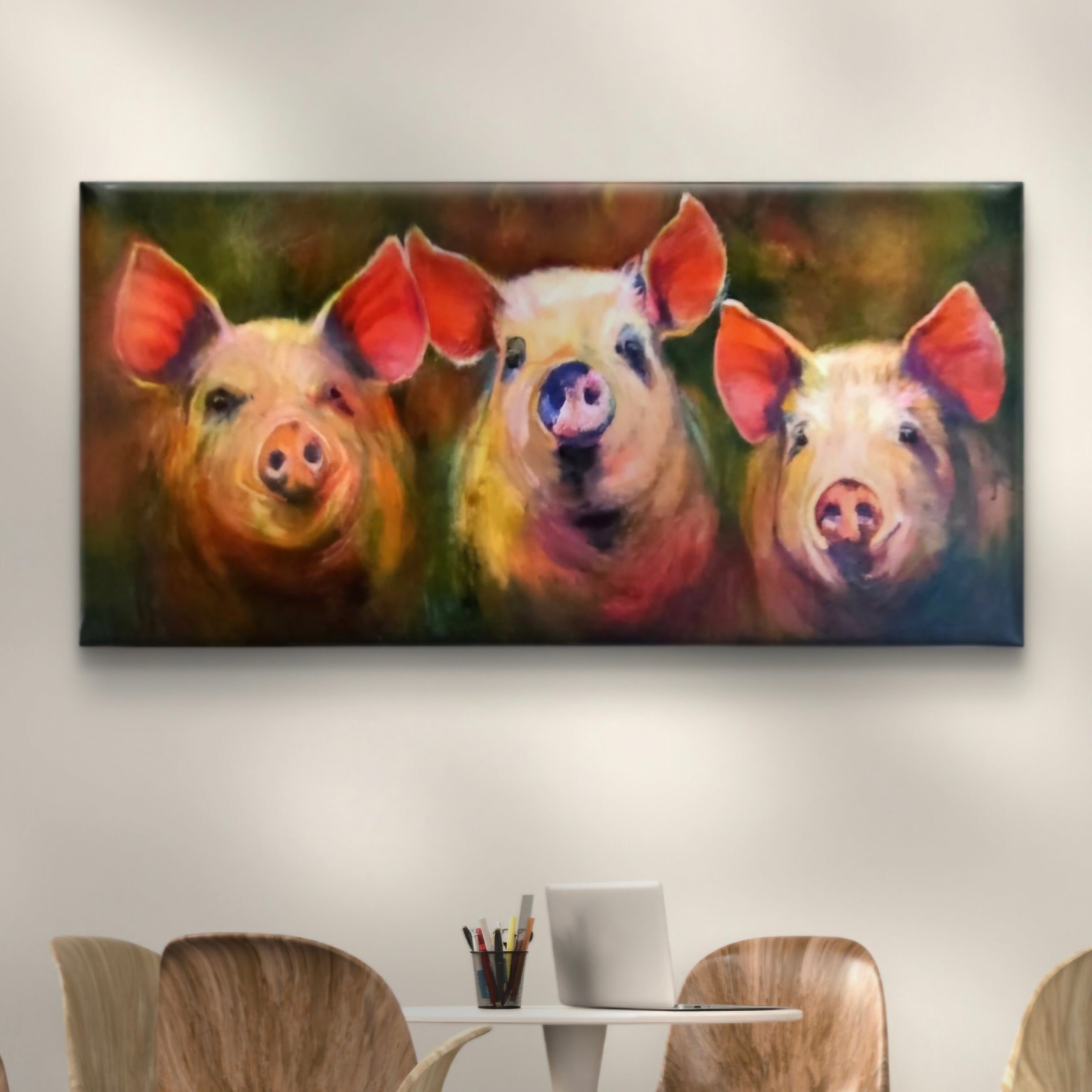 'Pigs in Clover' - Pig Trio  Original Acrylic Painting 50 x 100 cm/ 20 x 40"
