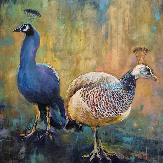 'Stepping Out' - Original Peahen and Peacock Pair - Painting on 60 x 60 cm Canvas Board
