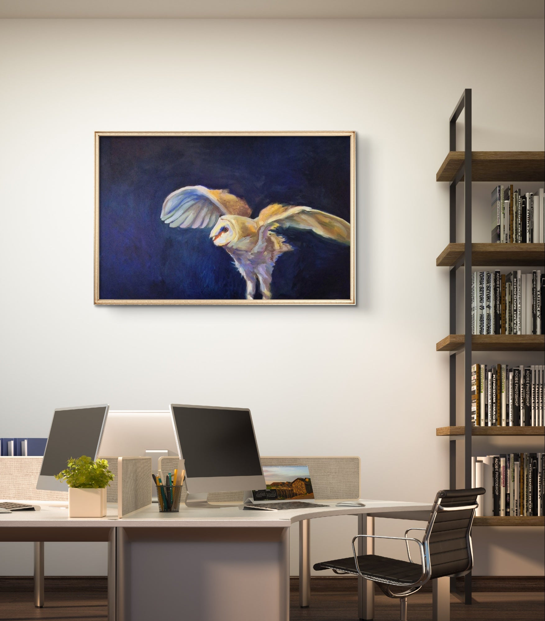 'Take-off' - Original Barn Owl Oil Painting - 50 x 80 cm