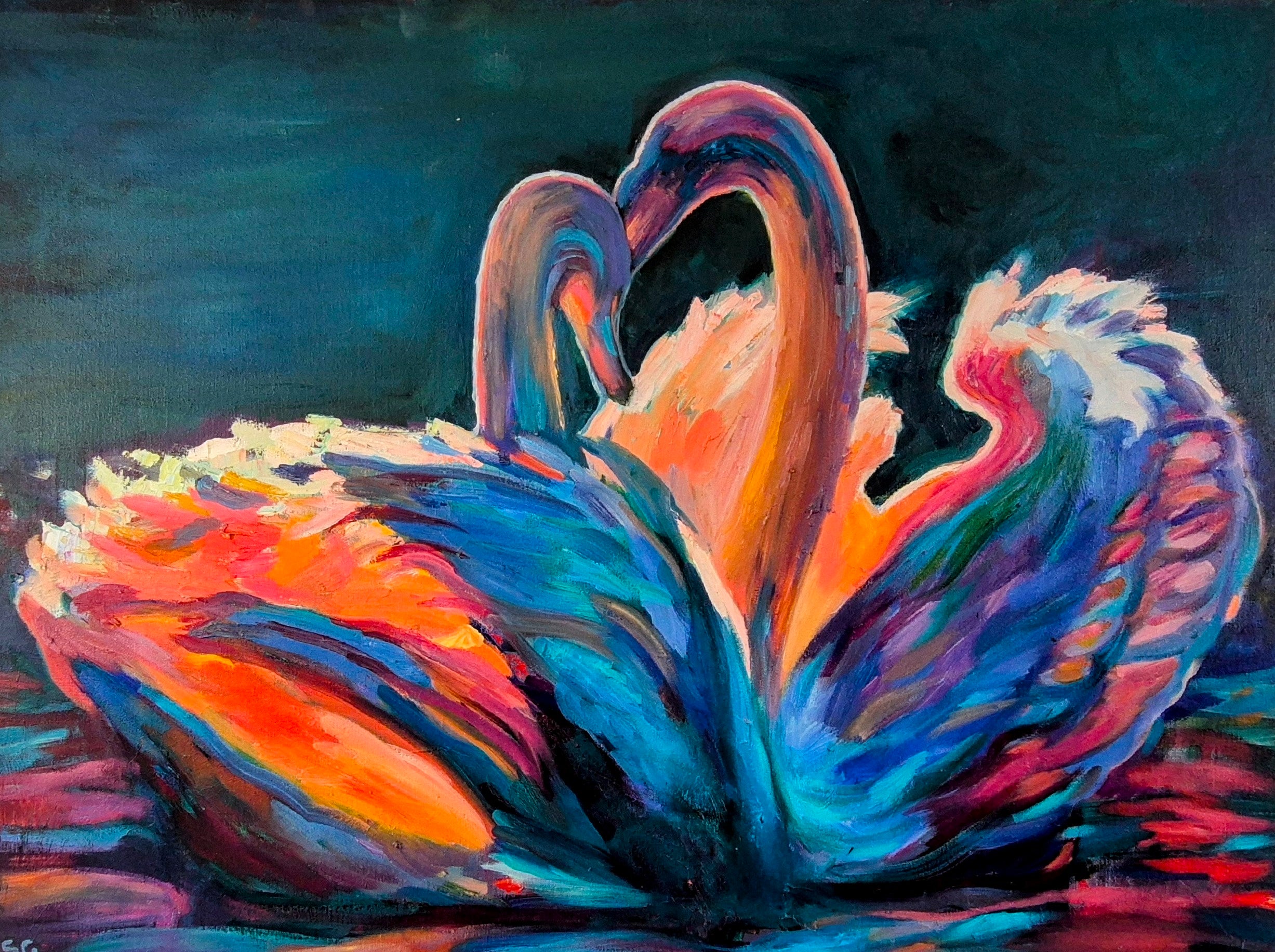 "Celestial Swans" Original Oil Painting:  80 x 100 cm /30 x 40 "