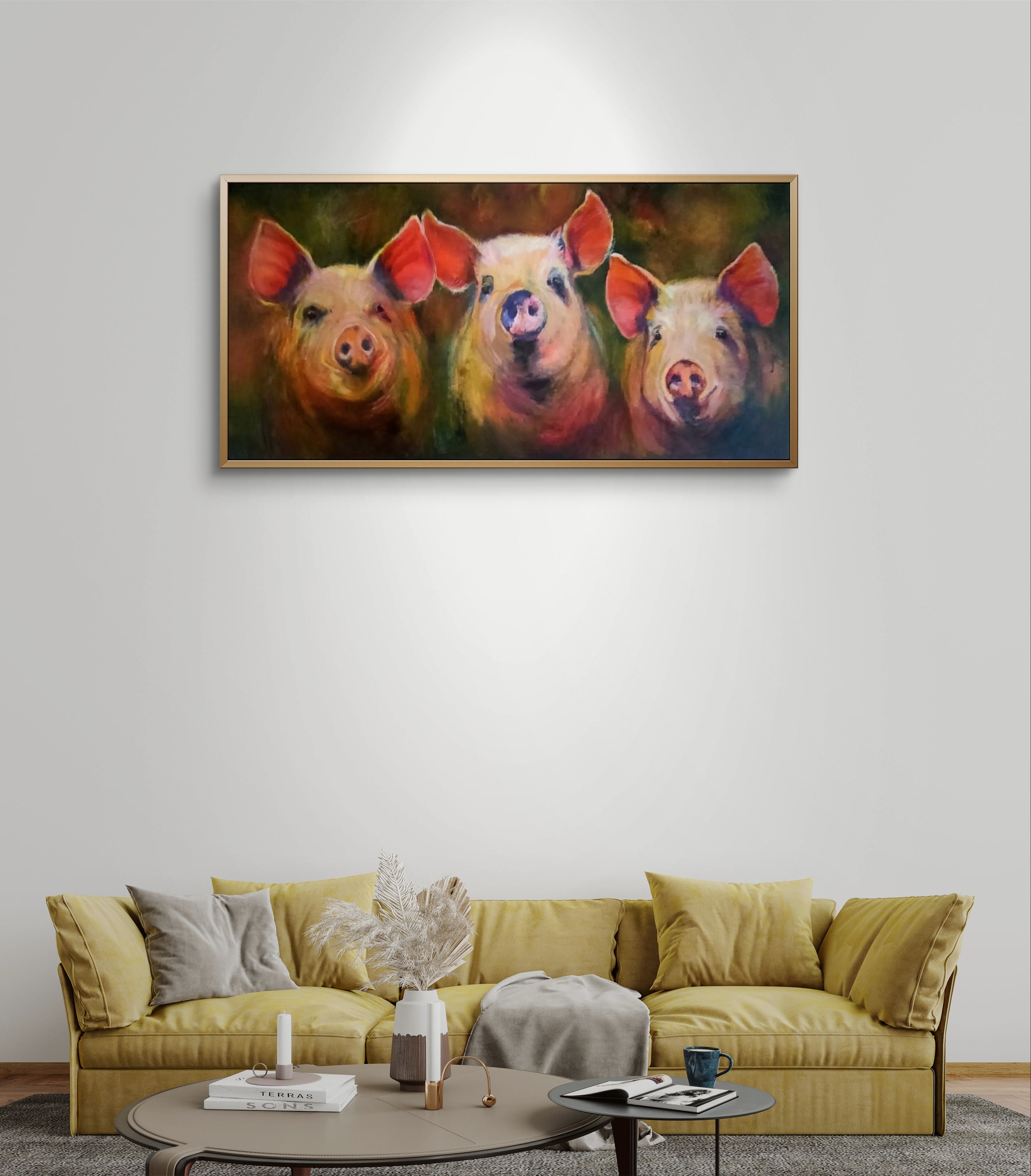 'Pigs in Clover' - Pig Trio  Original Acrylic Painting 50 x 100 cm/ 20 x 40"