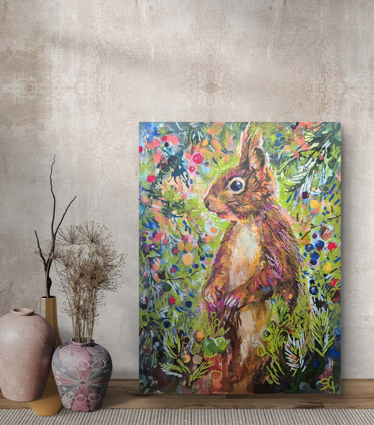'Squirrel' drawing in acrylic on canvas panel 21 x 29 cm / 11 x 8"