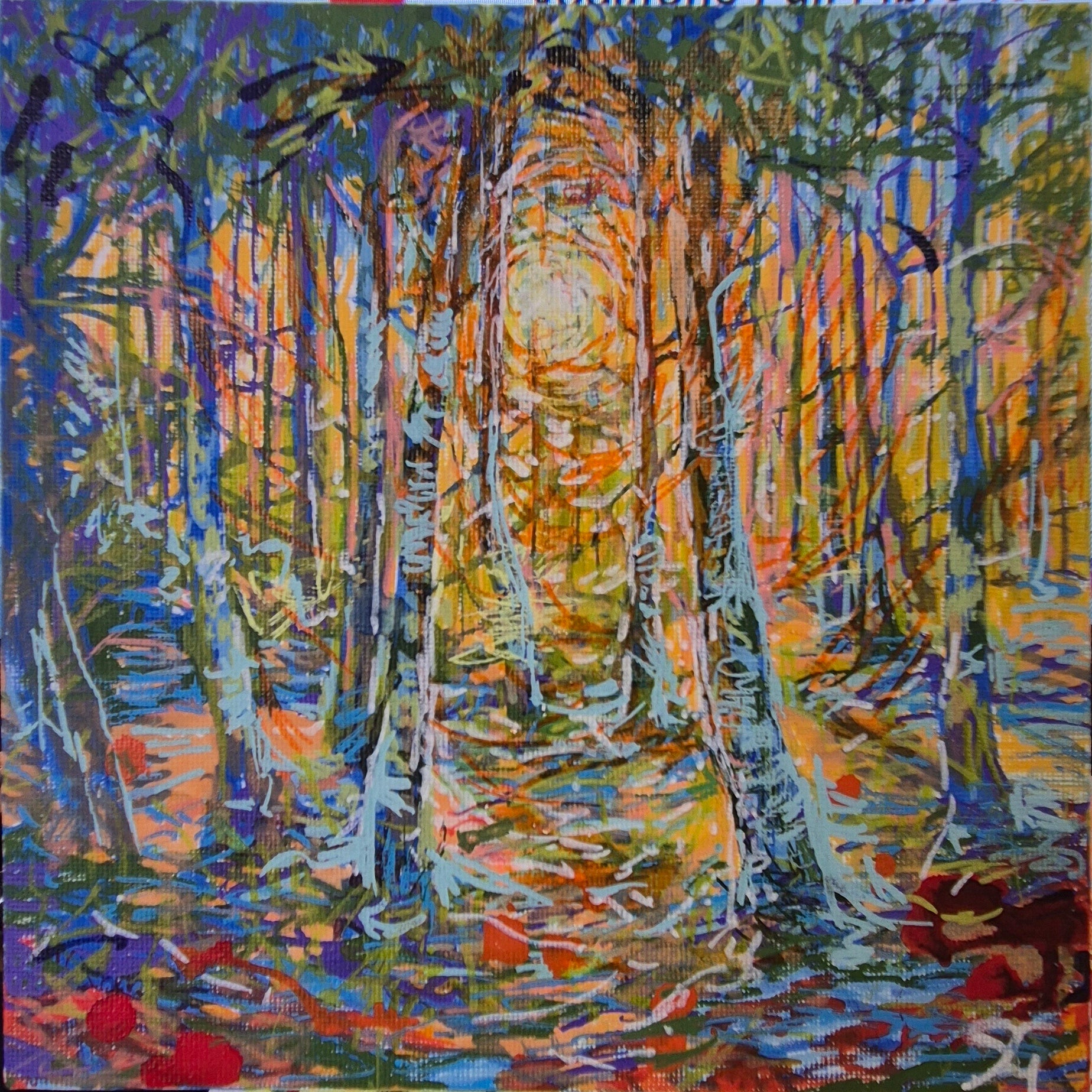 'Glints of Sun' drawing in acrylic on canvas panel 18 x 18 cm/ 7 x 7"