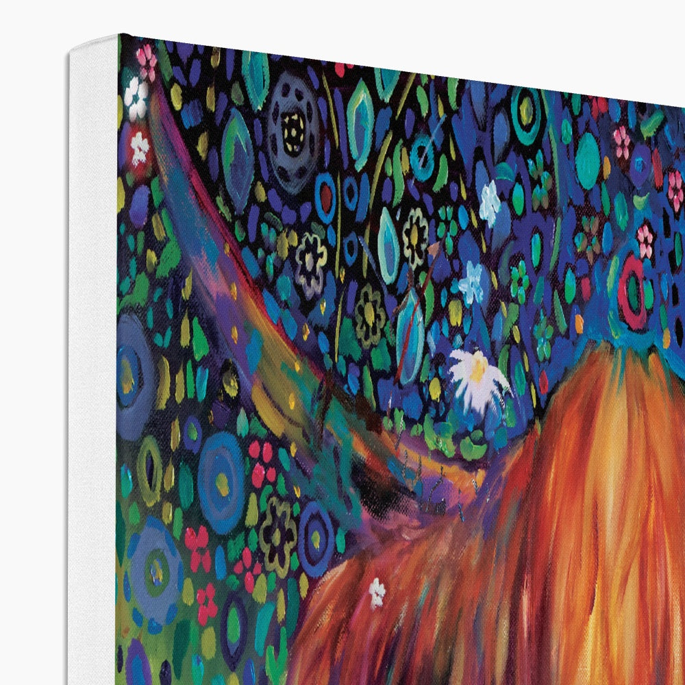 highland cow with flowers detail
