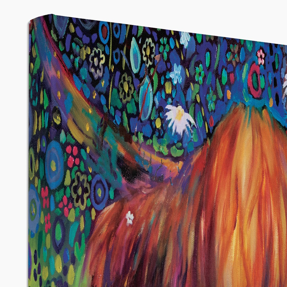 highland cow print with wildflowers